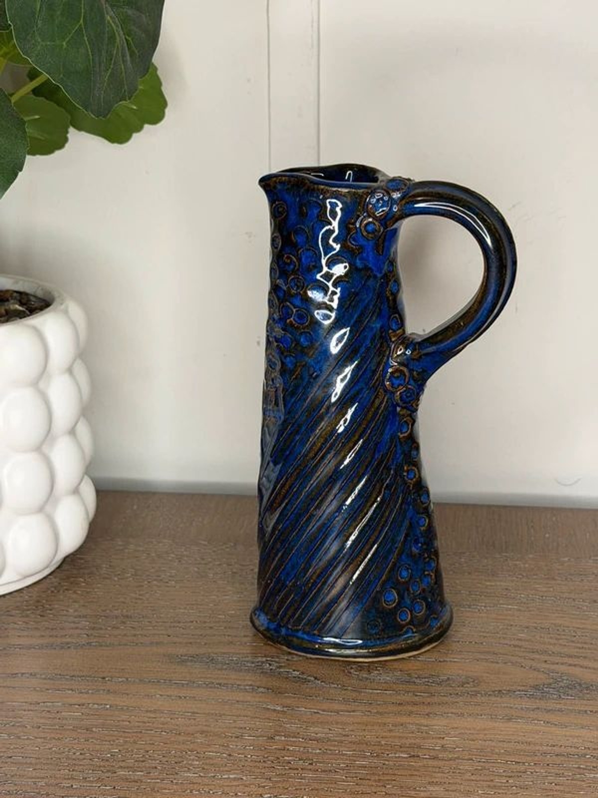 Cobalt Blue Glazed Ceramic Pottery Pitcher Vase Textured 7 Inch