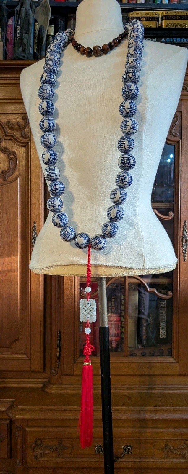 Vintage Large Porcelain Blue White Beads With Jade Necklace Hanging Garland 