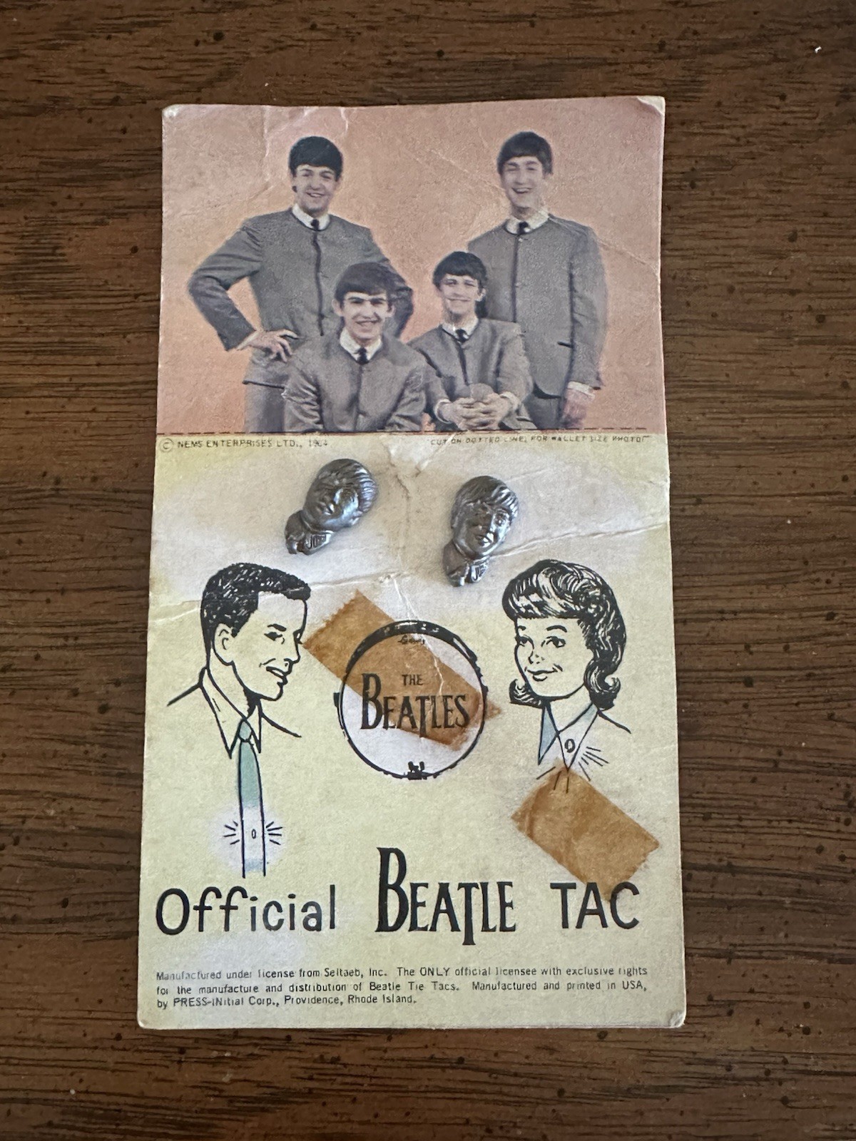 Vintage Official Beatle Tie Tac Card with 2 John Tie Tacs
