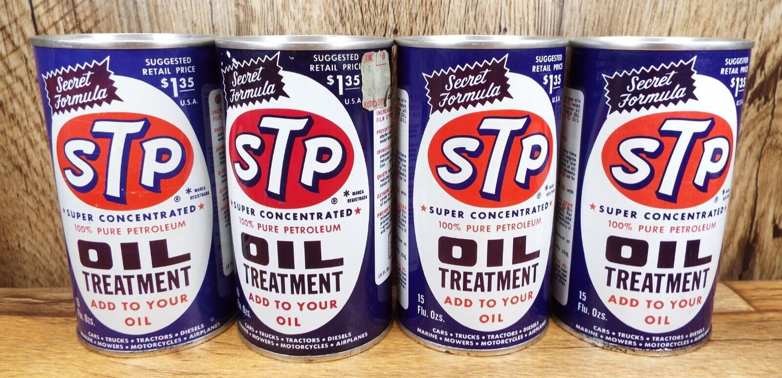 (4) -1970'S-NOS FULL CAN - STP OIL TREATMENT PULL TOP METAL CANS VG+-15 OZ
