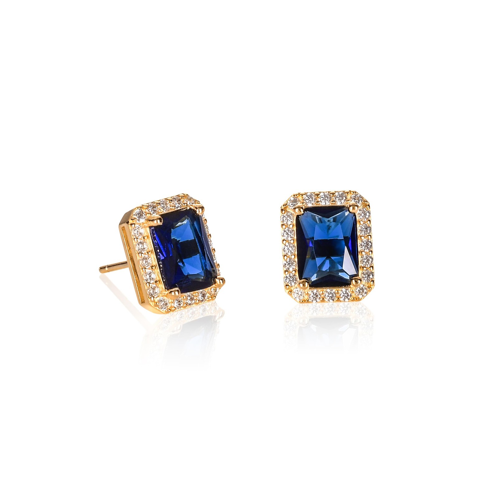 Diamond Treats Gold Plated 925 Silver Emerald Cut Stud Earrings Sapphire Blue
