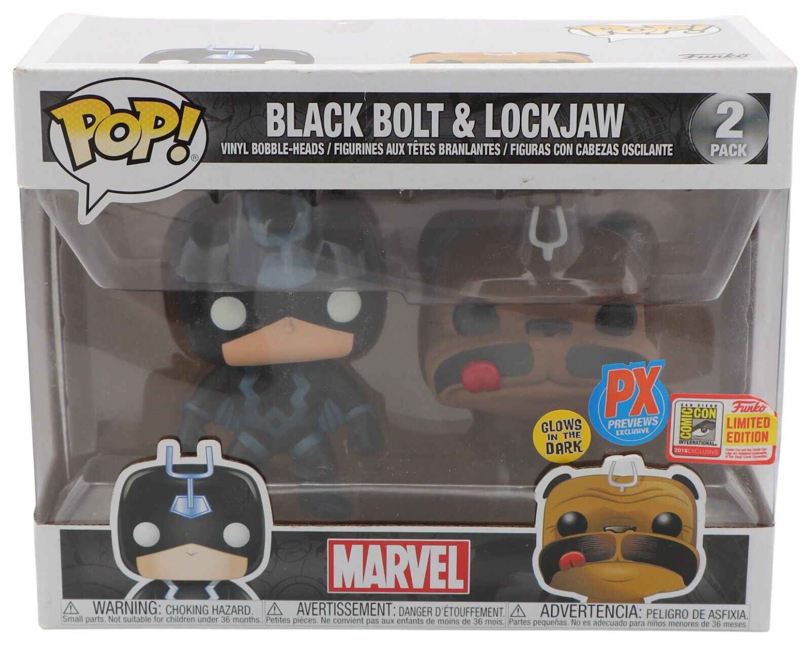 Pop Funko 2 Pack Black Bolt and Lockjaw Vinyls - Glows, PX Previews, Comic Con
