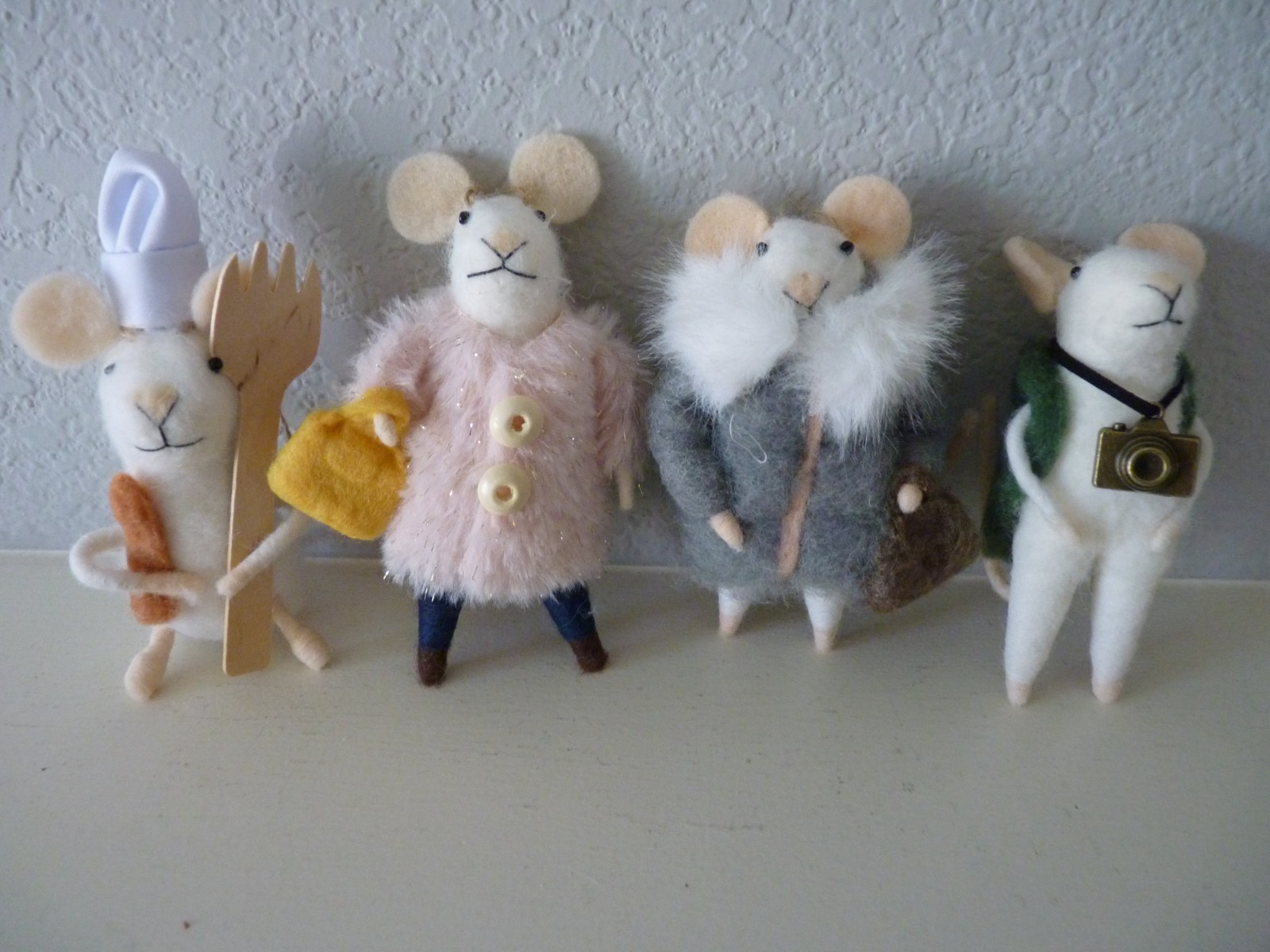 Felted Wool Animal Ornaments MICE Lot of (4) Dressed Hanging Christmas #12