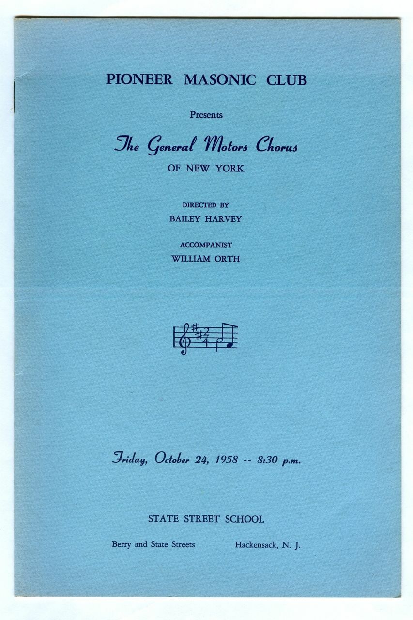 Vintage 1958 PIONEER MASONIC CLUB General Motors Chorus of NY Program Booklet