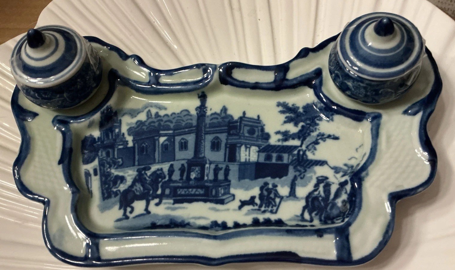 Vintage Victoria Ware Ironstone Flow Blue Double Inkwell and Tray Vintage Victoria Ware Ironstone Flow Blue Double Inkwell and Tray