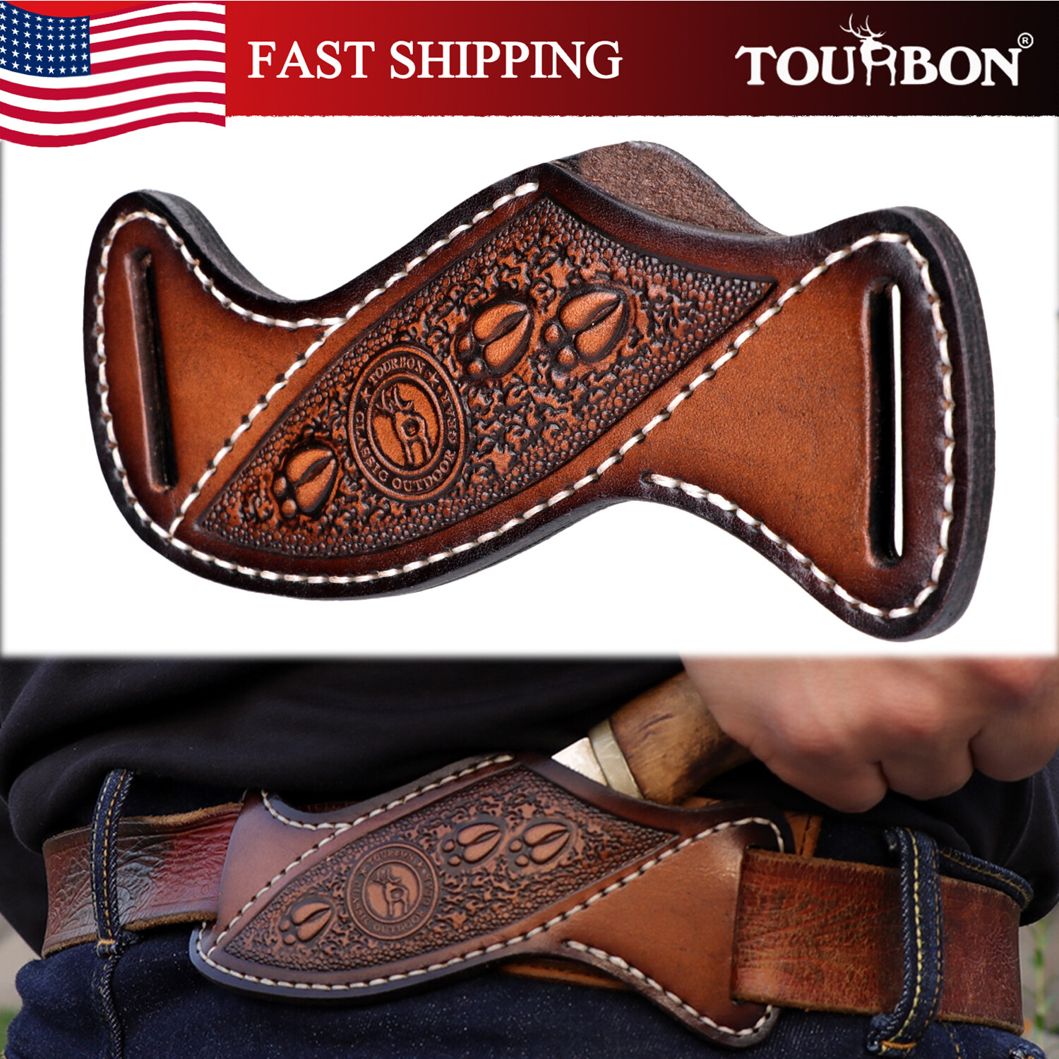 TOURBON Leather Fixed Blade Knife Sheath Slanted Pancake Belt Holster Hunting