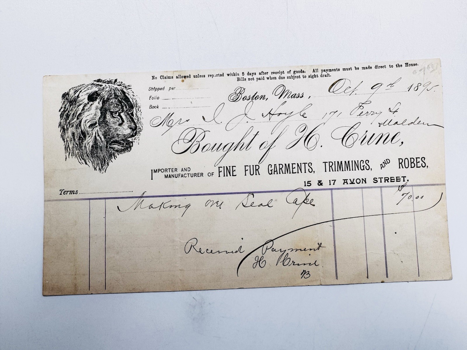 Antique 1890s Boston Mass H Crine Furrier Billhead Receipt Engraved Lion Graphic