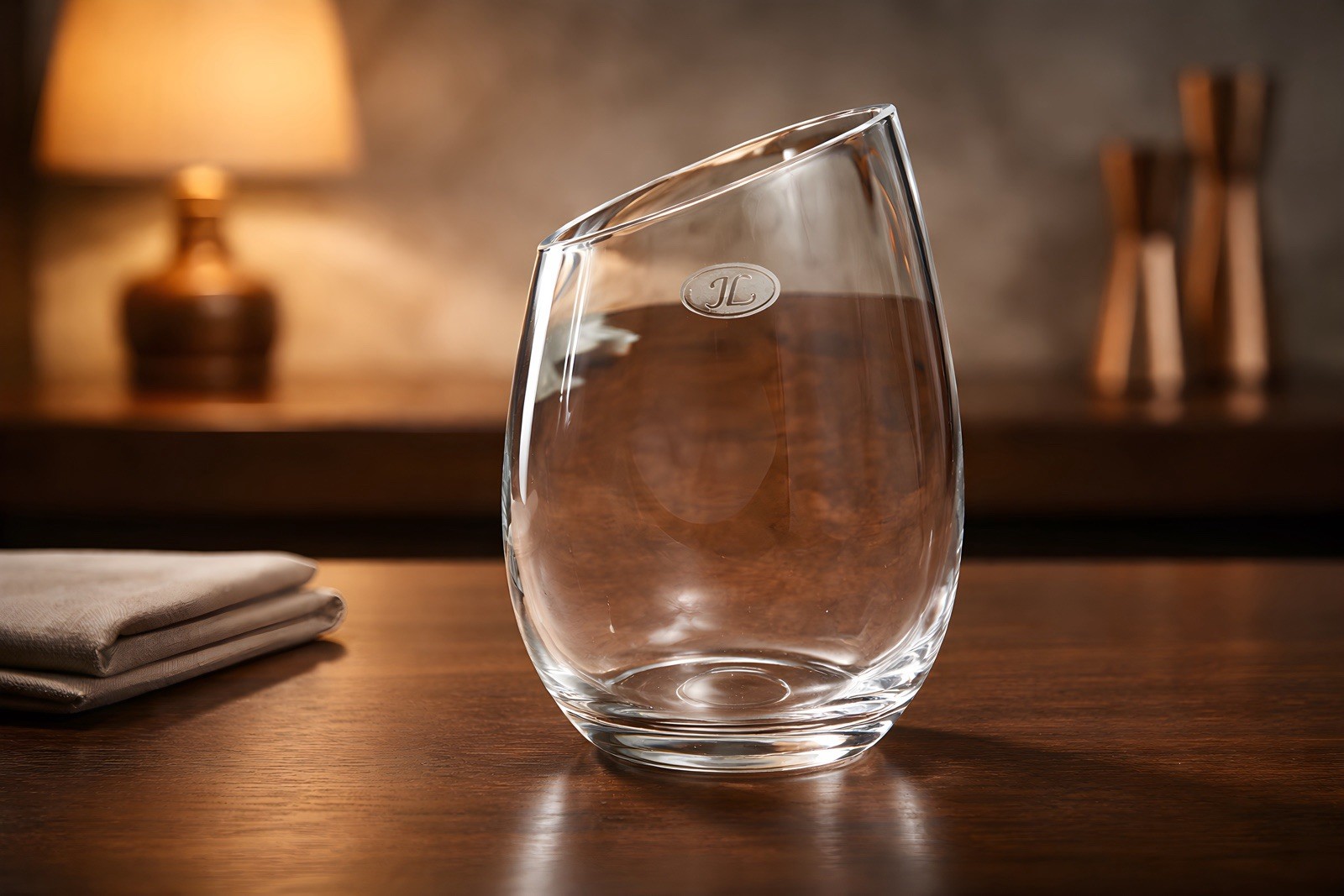 Vintage clear glass vase with an asymmetrical opening and marked “JL”.