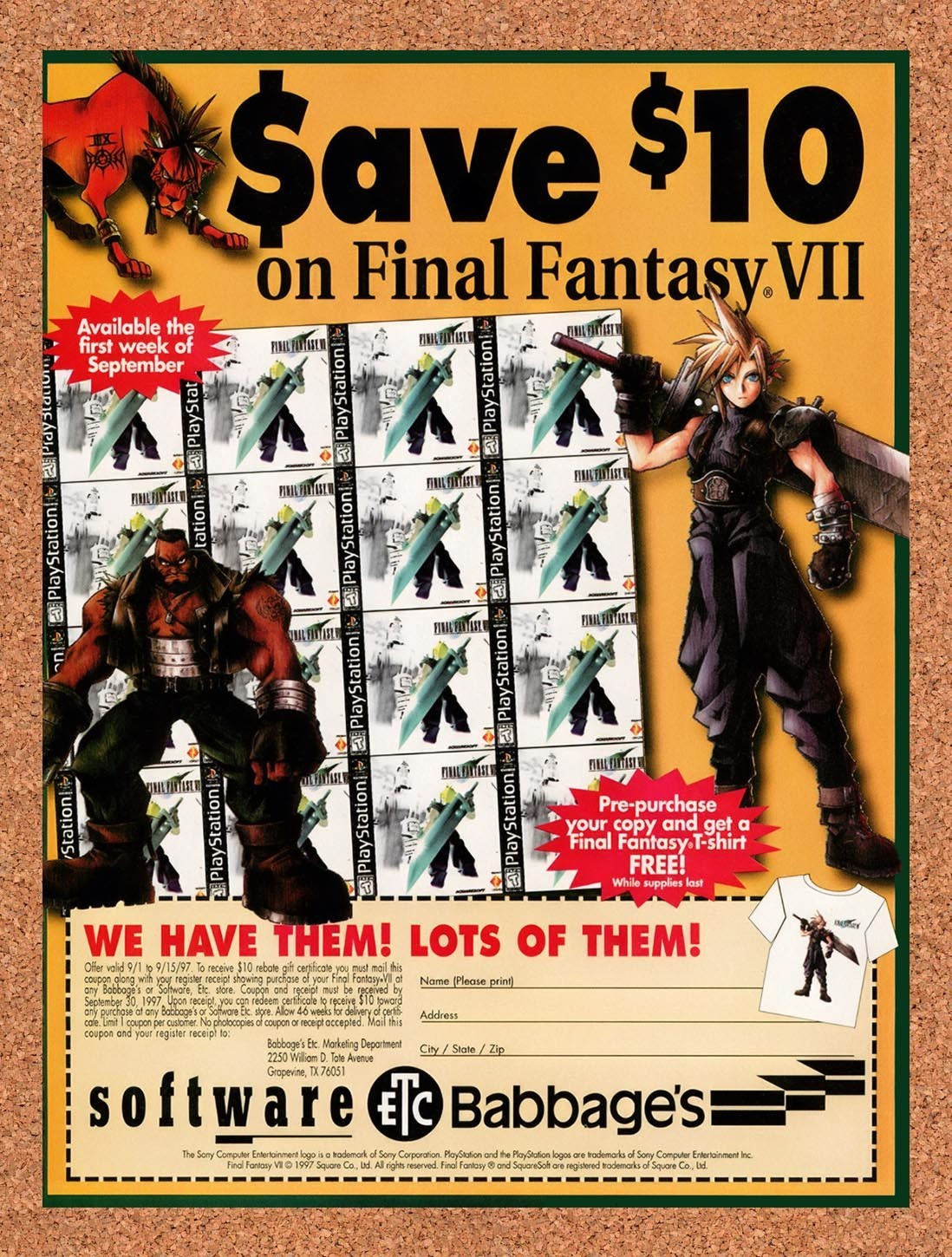 1997 Final Fantasy VII Babbages Rebate Original Advertisement / Retro Promo v1 1997 Final Fantasy VII Babbages Rebate Original Advertisement / Retro Promo v1