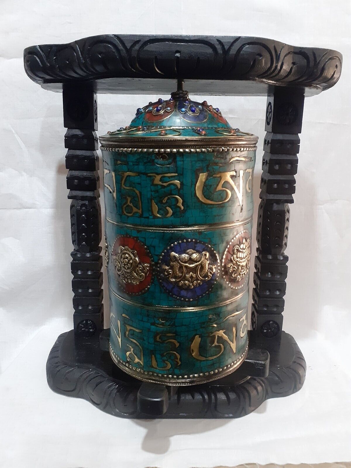 Tibetan Om Mani Padme Hum Mantra Resin Stone Copper Handmade Prayer Wheel free