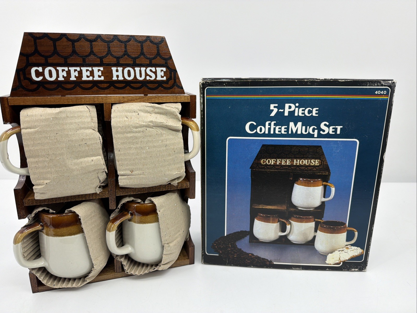 NEW Old Stock Vintage Interpur Wooden Coffee House Rack with 4 Stoneware Mugs NEW Old Stock Vintage Interpur Wooden Coffee House Rack with 4 Stoneware Mugs