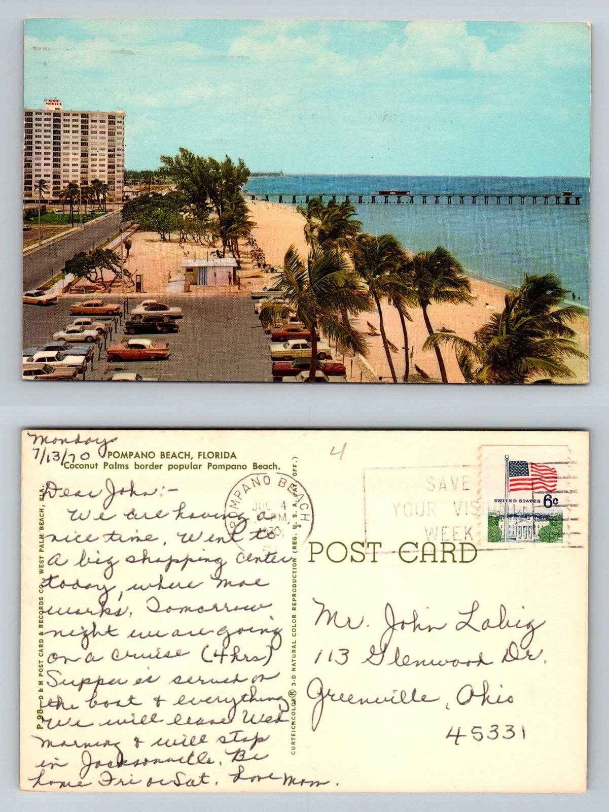 Pompano Beach, FL-Florida, Aerial View Beach Pier Palms Vintage c1970 Postcard