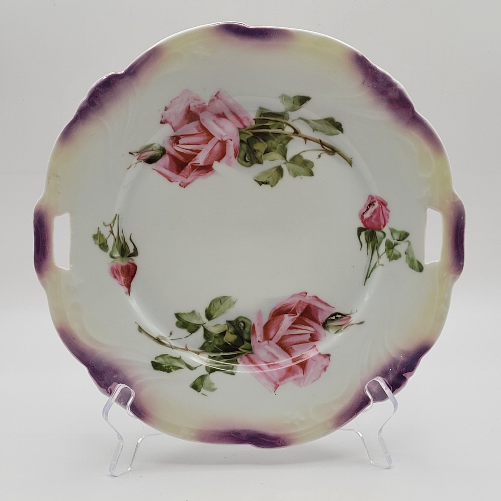Vintage German Lusterware Floral Procelain Handled Serving Plate Scalloped Rim 