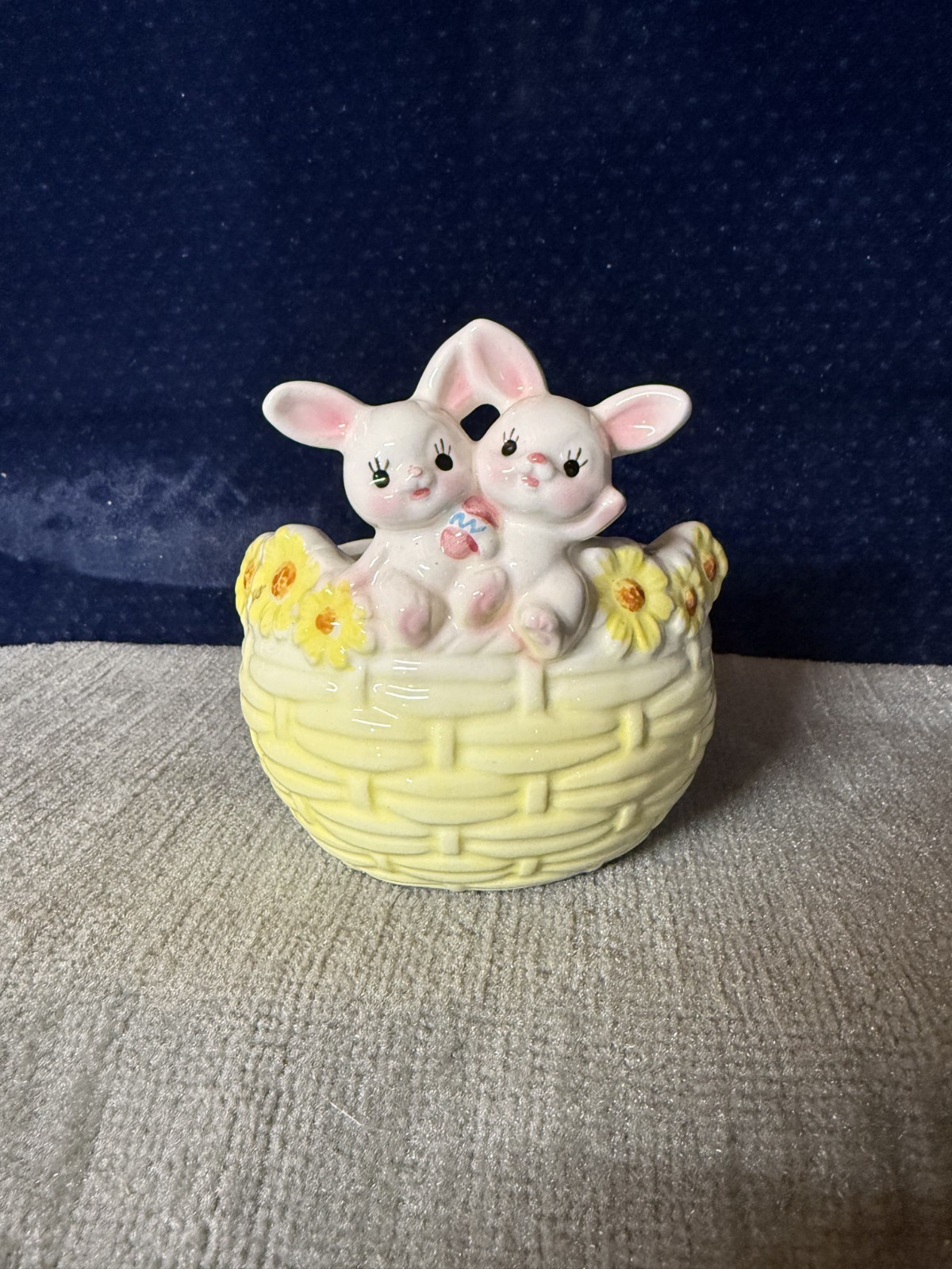 Ceramic Easter Bunny Basket Planter Two White Rabbits Yellow Flowers Spring Deco