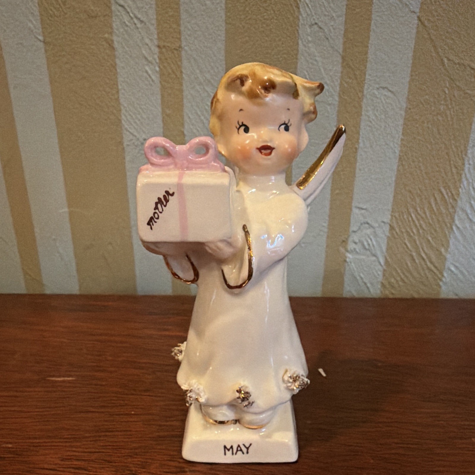 Napco Lefton Japan Ceramic May Angel Figurine Holding Gift Box Mother\'s Day