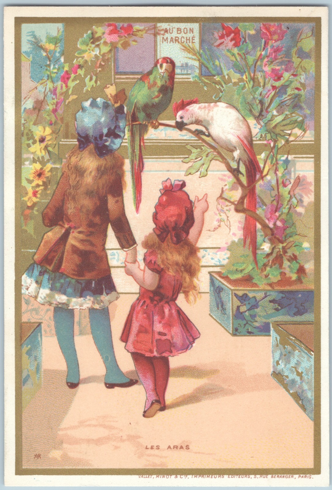 Lrg French Victorian Trade Card AU BON MARCHE DRESSY GIRLS VISIT BIRDS AT ZOO