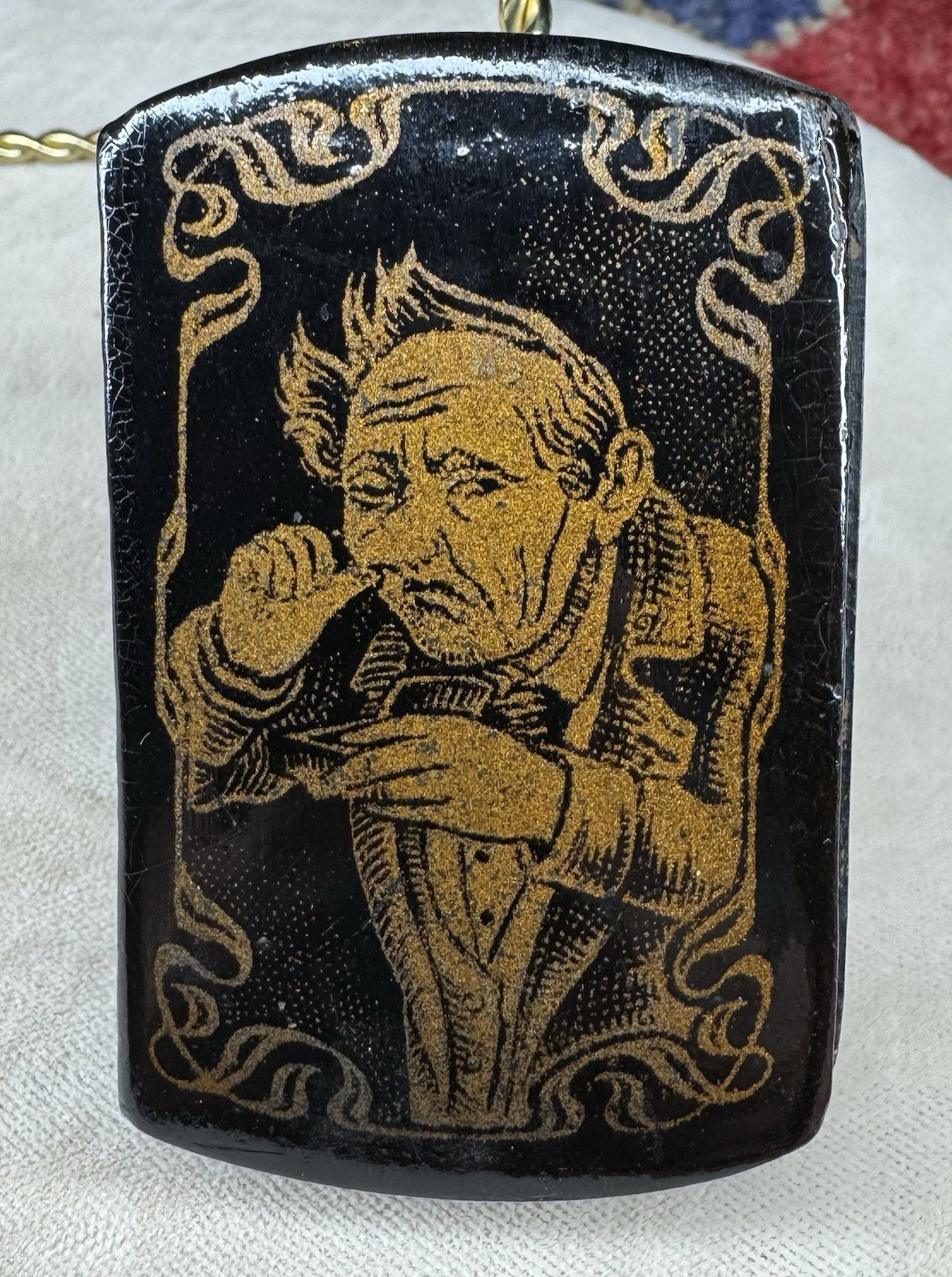 Antique Papier Mache Snuff Box Black Lacquer Gold Gentleman Scholar Figural Antique Papier Mache Snuff Box Black Lacquer Gold Gentleman Scholar Figural