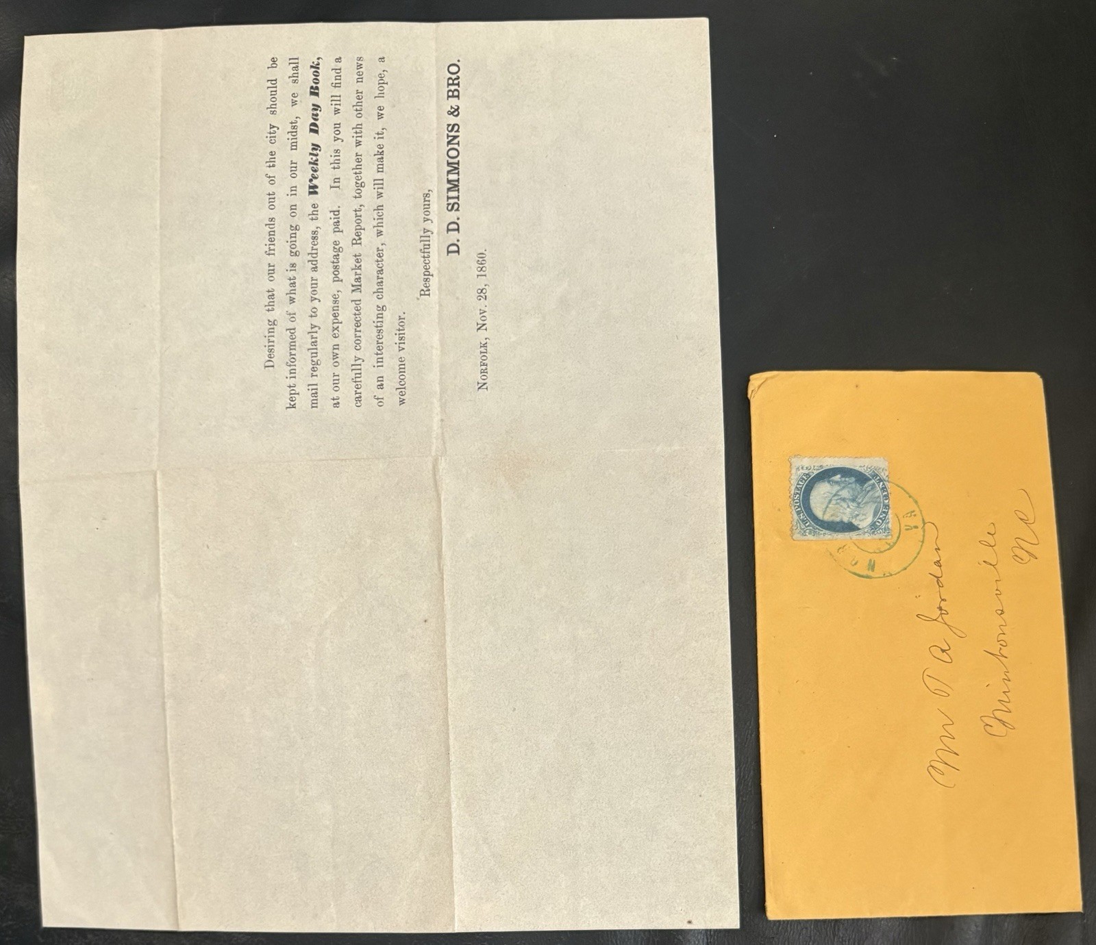 February 1861 Civil War North Carolina Scott 63 D D Simmons Circular Ad Flyer
