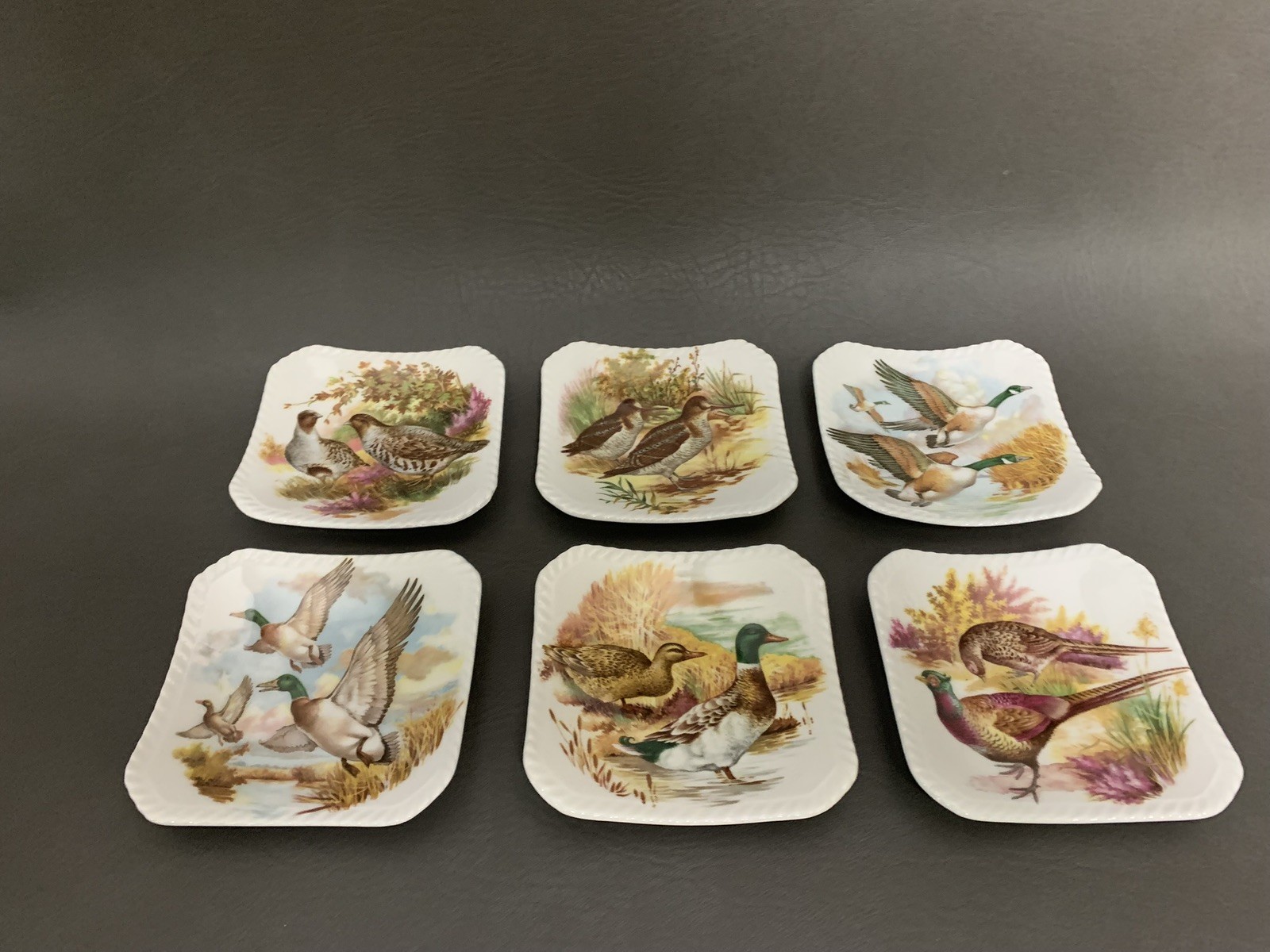 Vintage Royal Adderley Game Birds Bone China Square Dishes Set of 6 England Vtg