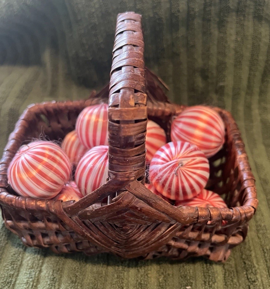 13 Vtg Mini Feather Tree Stripe Red White Satin Ball Christmas Ornament Set