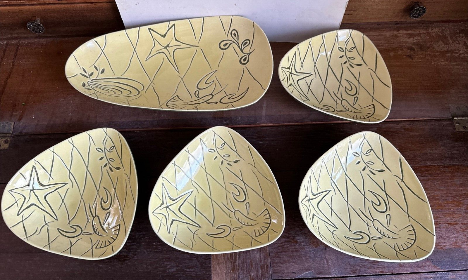 Vintage Roselane Pottery Ceramic Serving Platter & 4 Bowls Lobster Design Yellow