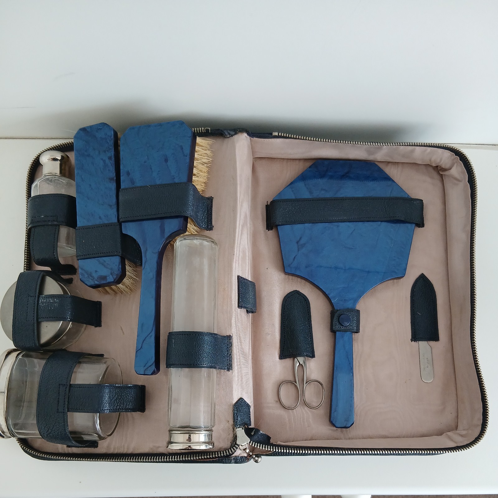 Vintage Blue Vanity Grooming Set Mirror Brushes Glass Bottles Vintage Blue Vanity Grooming Set Mirror Brushes Glass Bottles