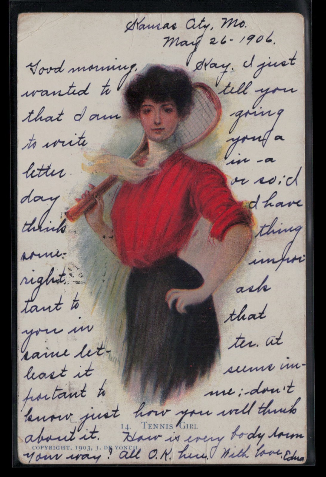 1906 Pretty Lady Tennis Girl Washburn, TX Posted Antique Postcard