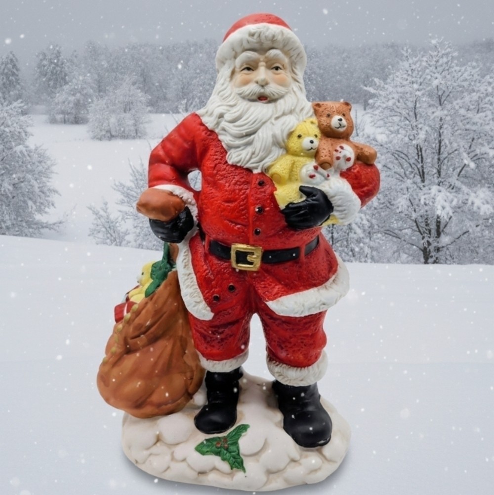 Festive Old World Santa Claus Figurine with Teddy Bear Toy Bag Chalkware 10 in