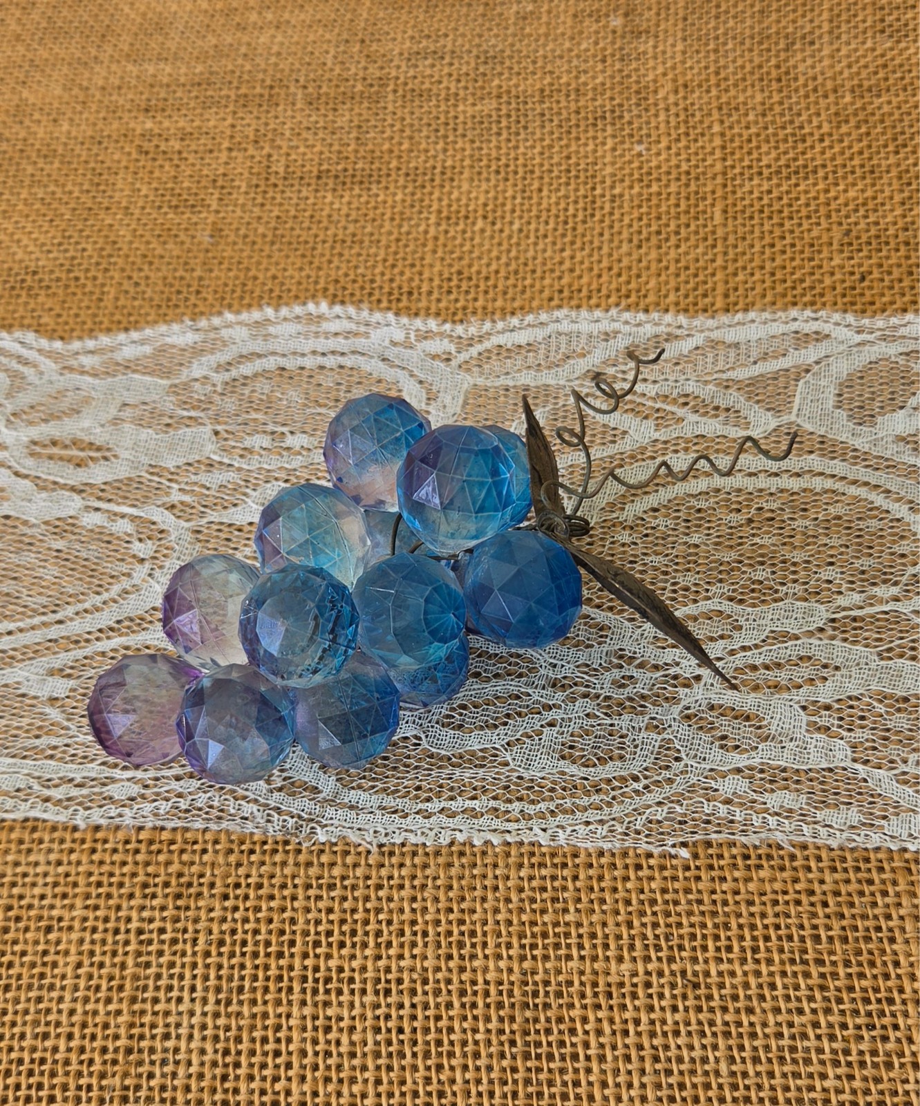 Vintage Faceted Lucite Grape Cluster w/Brass Leaves & Vine Blue/Purple MCM Decor