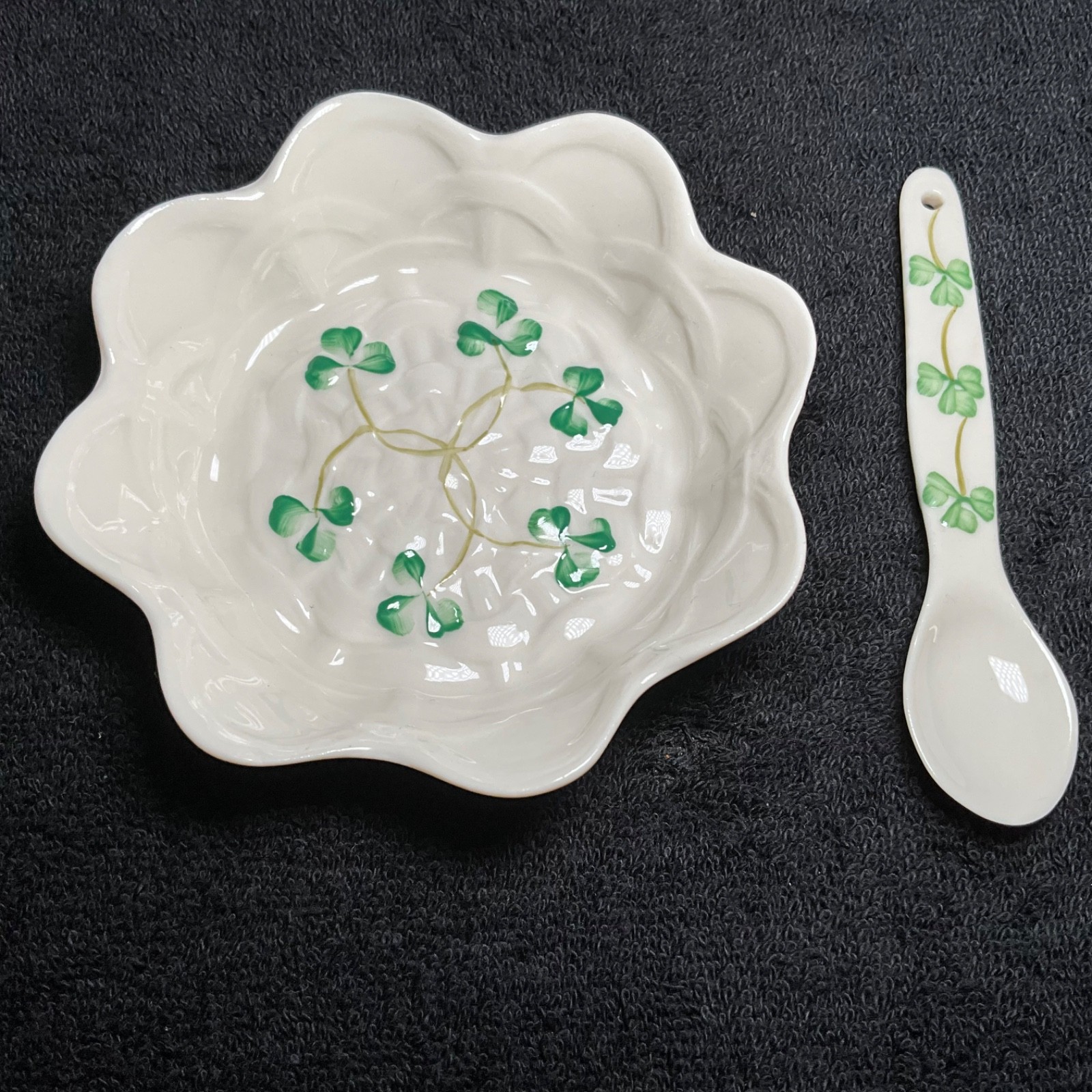 VTG Belleek Parian China Basketweave Shamrock Jelly Dish & Spoon- 11th Mark