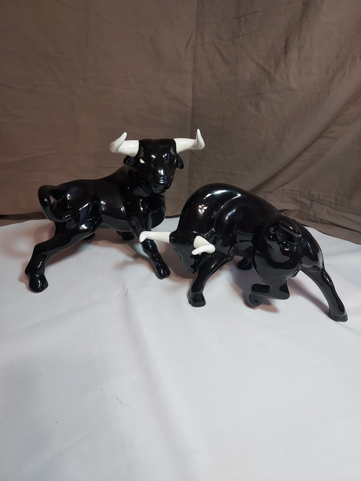 Vintage MCM Black Ceramic Bull Figurines Pair 1950s White Horns Matador Decor