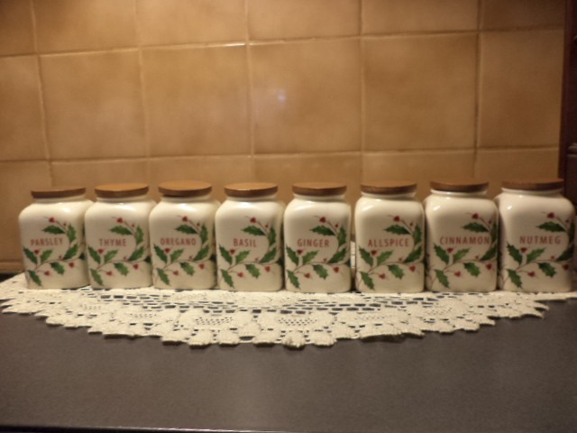 Lenox Holiday Christmas Holly Baking & Cooking Spice Jars-BOTH SETS-New in Boxes