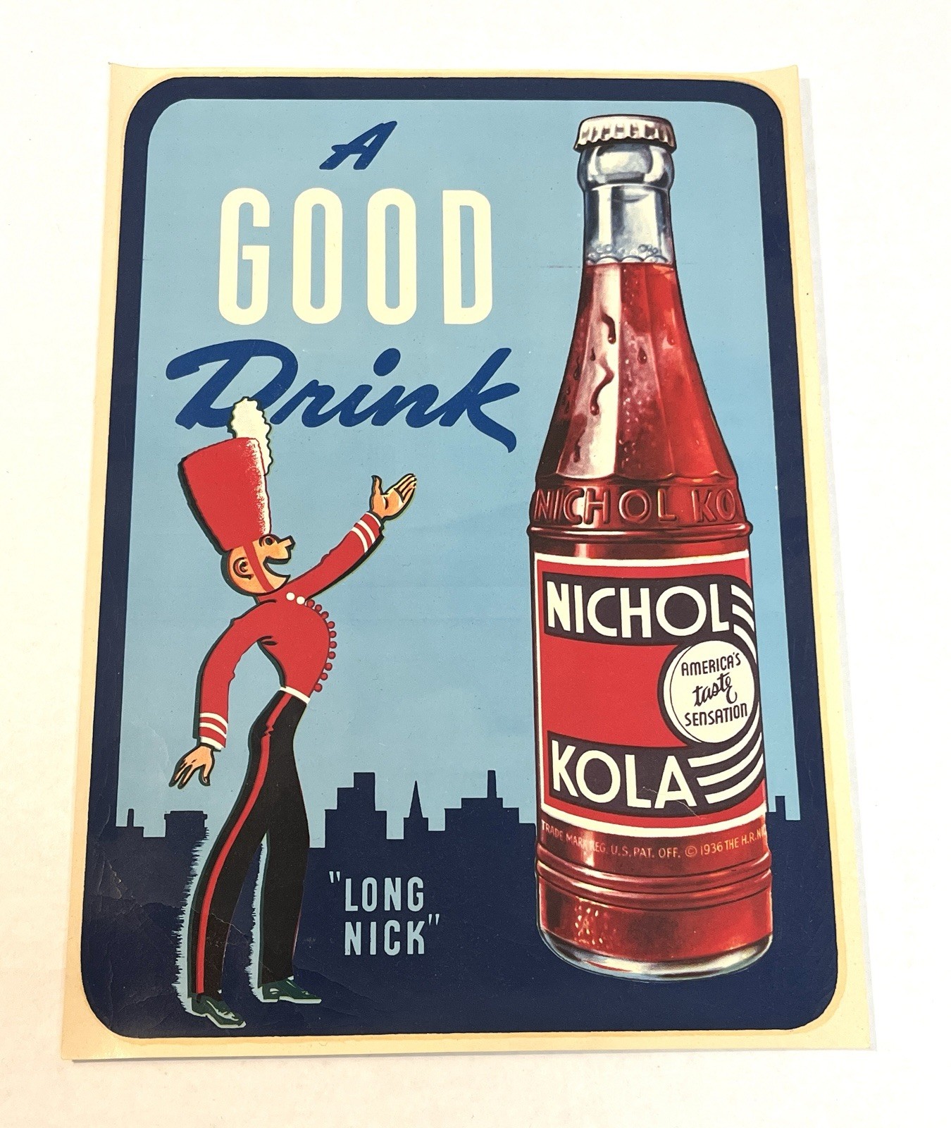 Early Vintage ‘Long Nick’ NICHOL KOLA Soda Pop Advertising Decal Sticker Sign