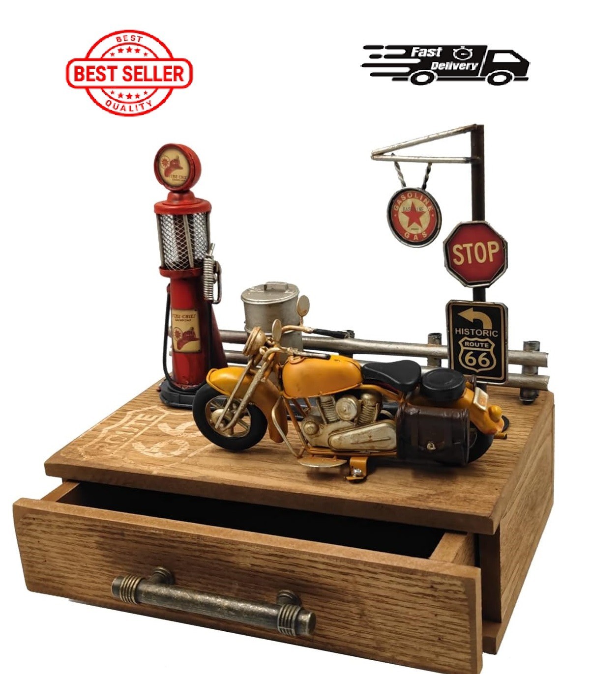Vintage Route 66 Gas Station Motorcycle Model Ring Jewelry Trinket Box Cabinet