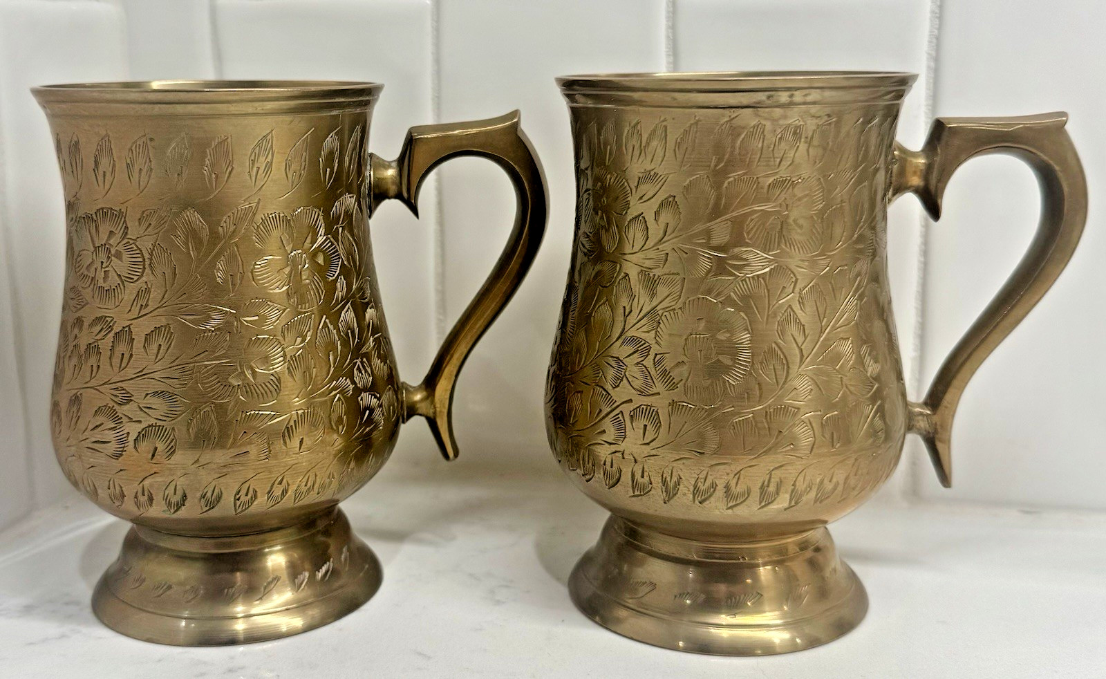 Vintage Etched Brass Beer Tankard Mug Stein Glass Bottom Set of 2