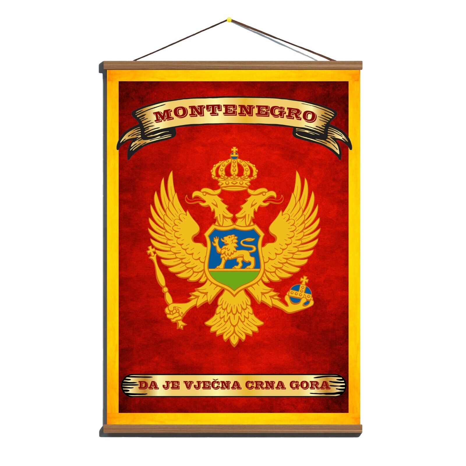 Montenegro Decorative Flag W/ Coat Of Arms, Motto; Canvas Magnetic Wooden Hanger