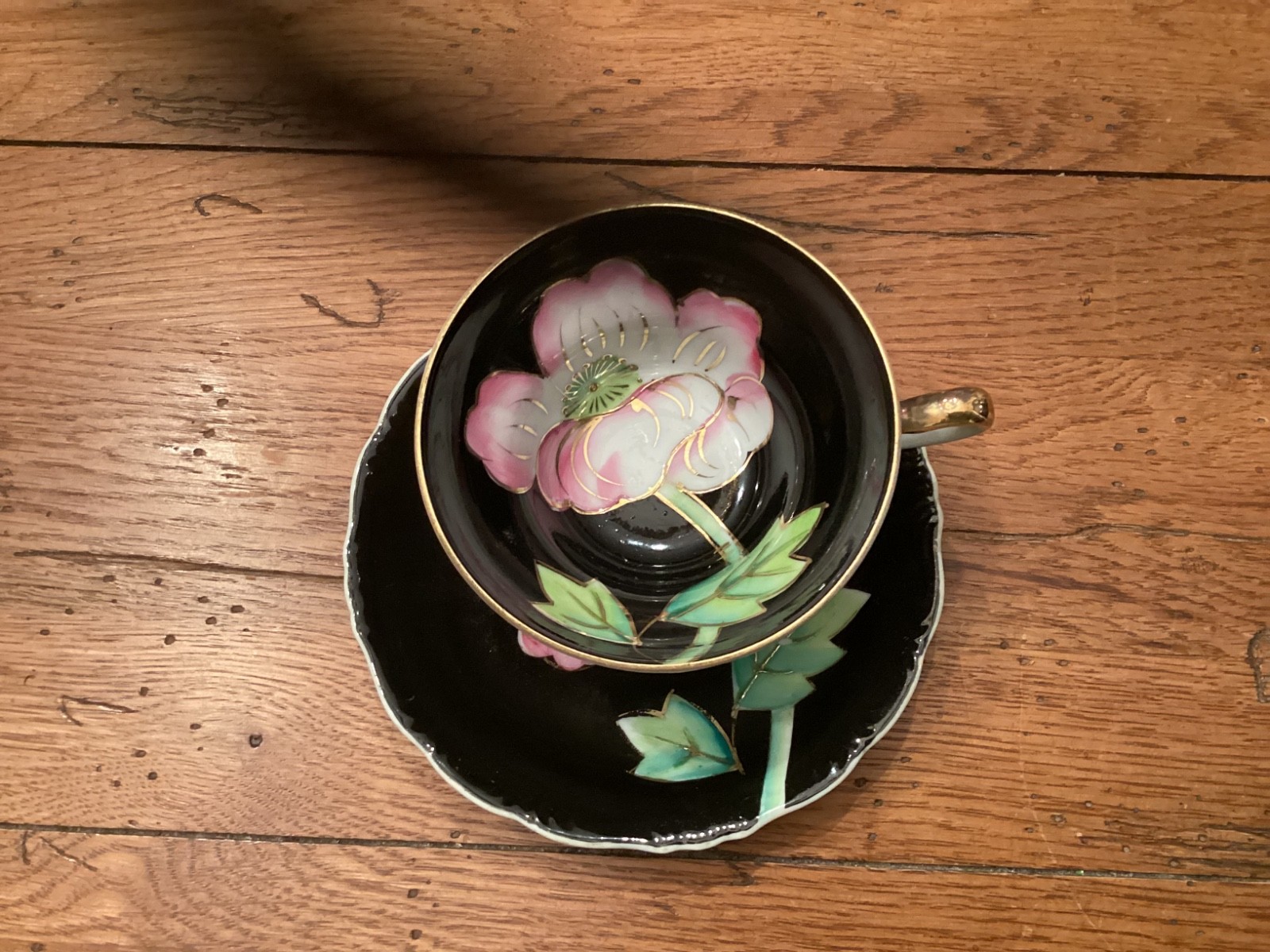 Vintage Black and Pink Floral Three-Footed Tea Cup Made in Japan?