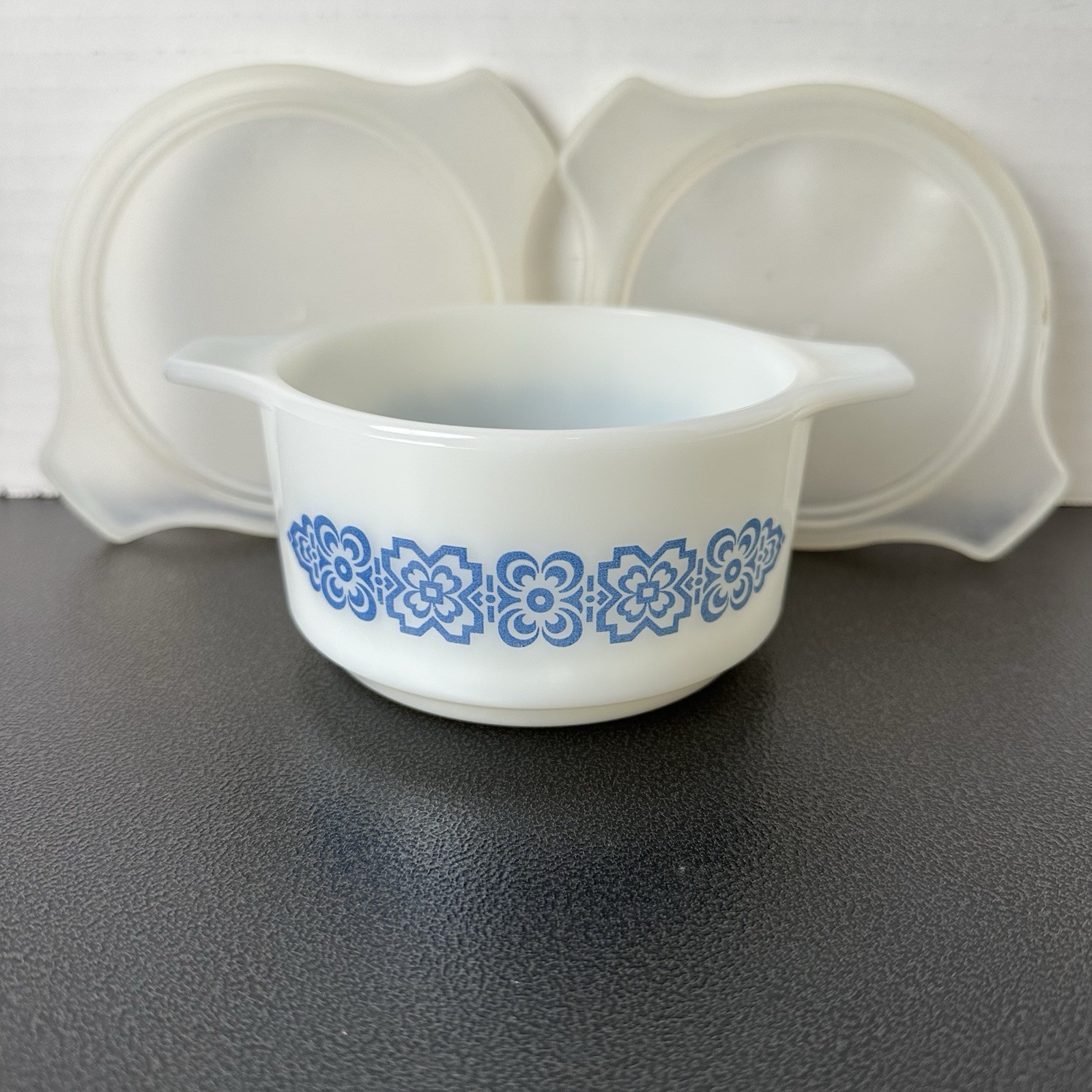 Vintage Schott & Gen Mainz JENAer Glas Blue Floral Casserole Dish 2 Lids Germany