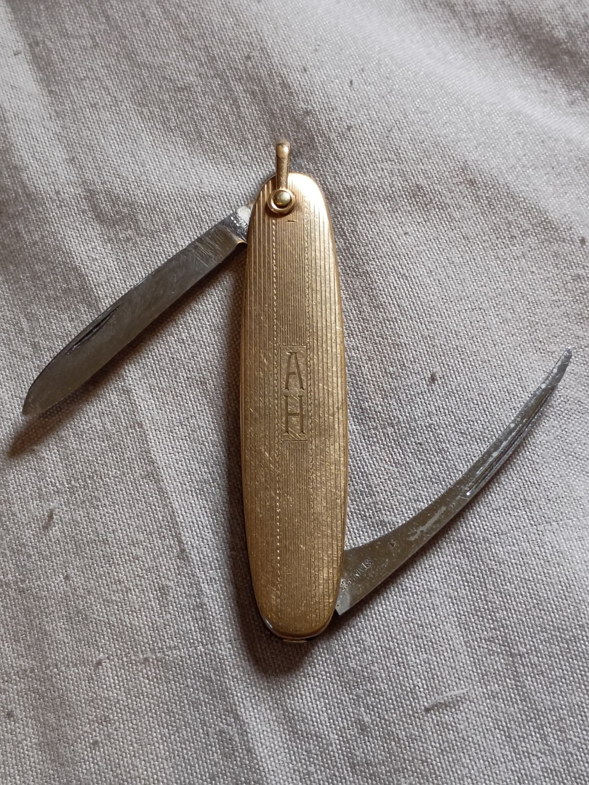 Antique D.R.B. Art Deco Gold Filled Handles Pocket Knife With AH Monogram.