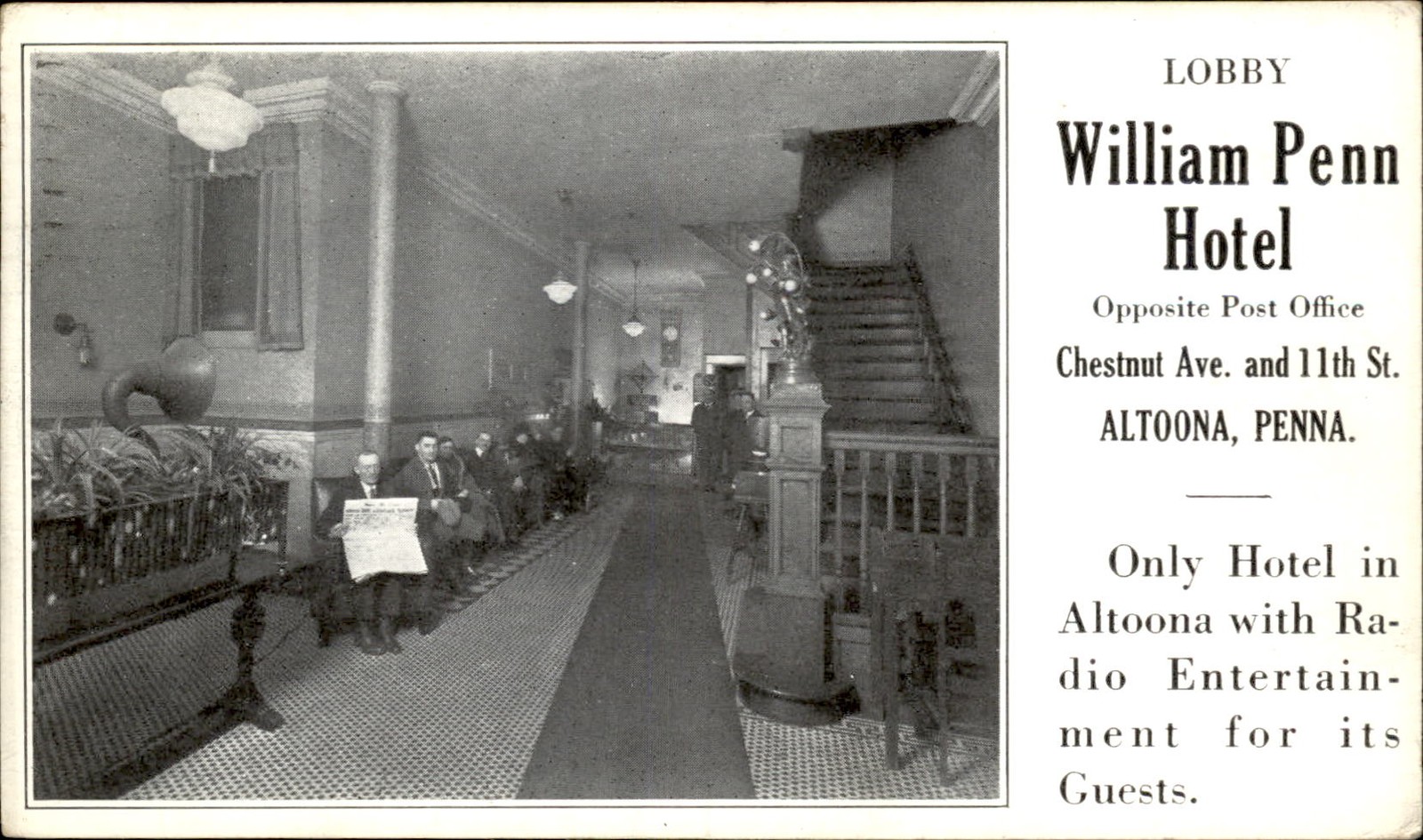 Altoona PA William Penn Hotel Lobby c1920s-30s Vintage Postcard bhn