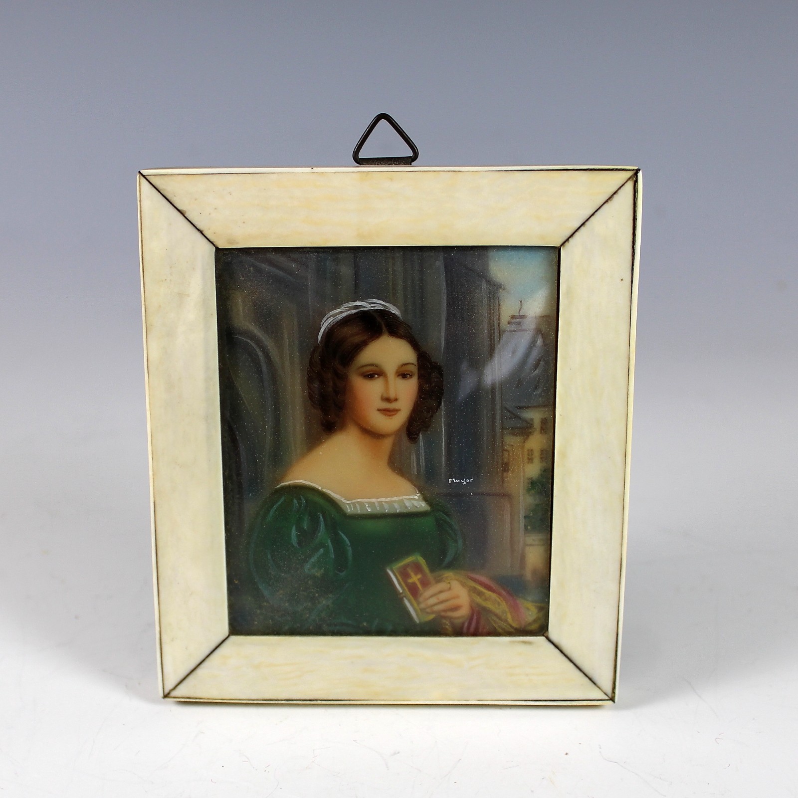 Antique Framed Miniature Portrait of Anna Hillmayer Signed Convex Glass