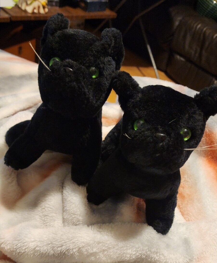 pair of Vintage KAMAR Halloween  Black Cats green eyes with mask handmade korea 