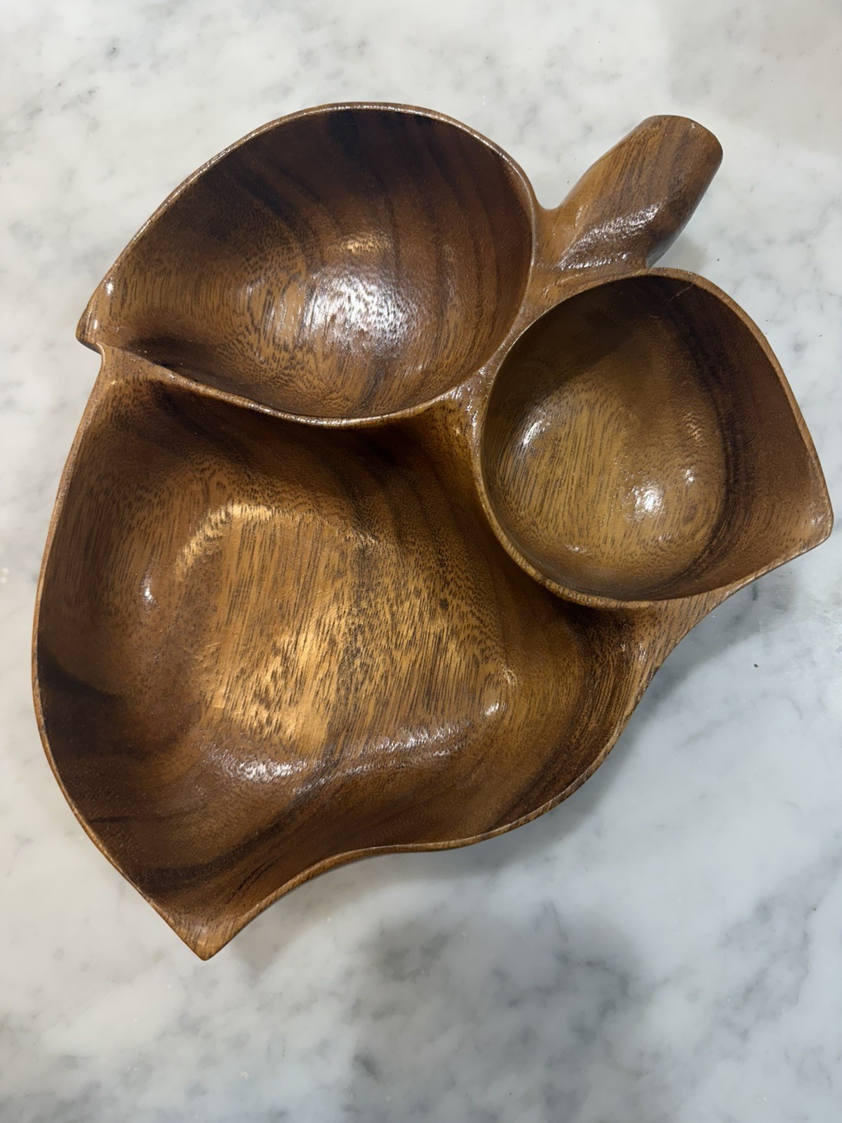Vintage Blair Honolulu KOA WOOD 3 Section Anthurium Leaf Bowl 11” * 9”