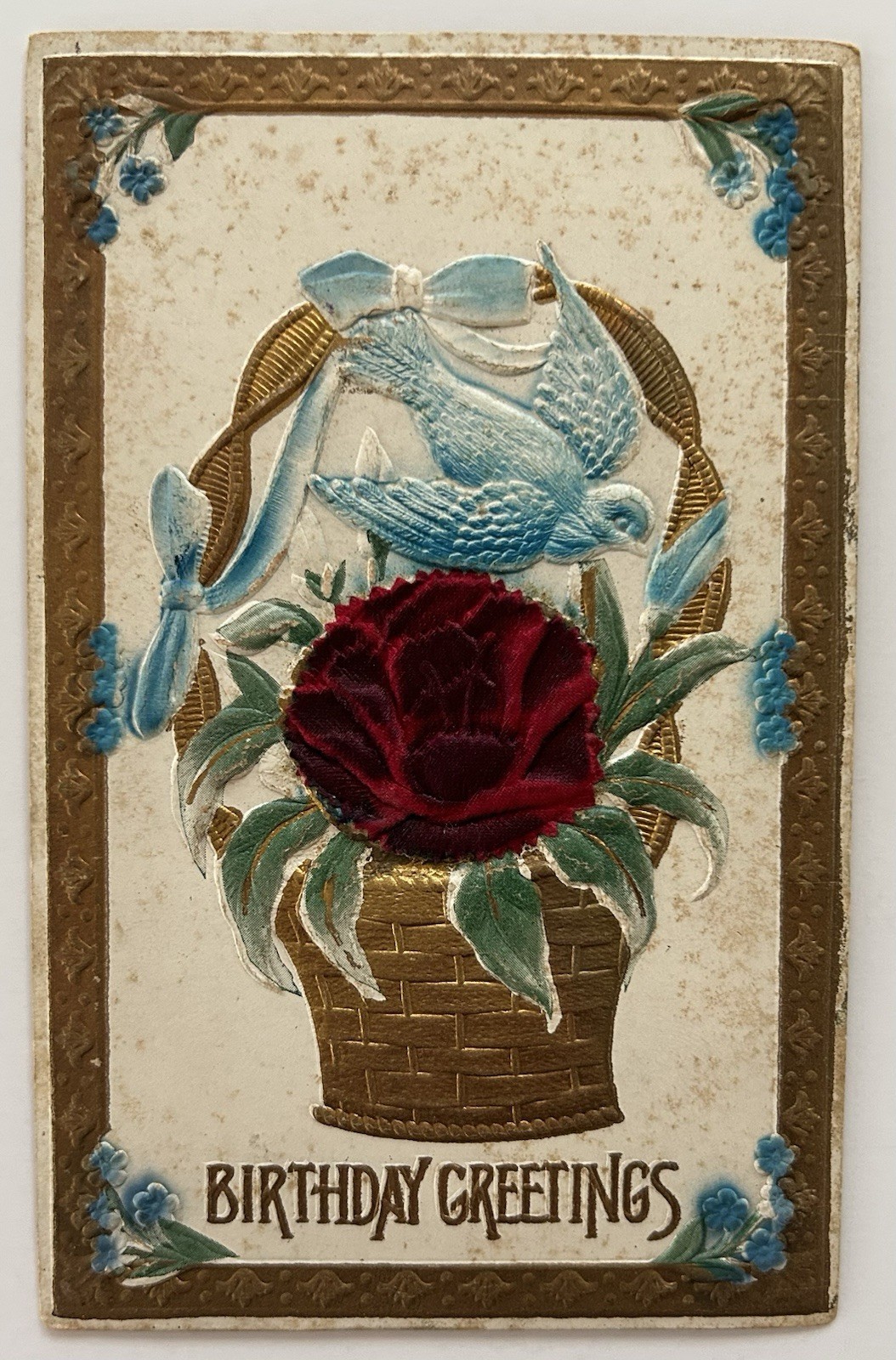 Antique Embossed Birthday Postcard Bluebird Basket Red Velvet Flower Gold Trim Antique Embossed Birthday Postcard Bluebird Basket Red Velvet Flower Gold Trim