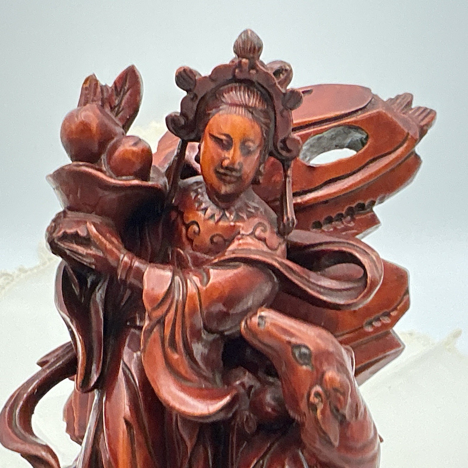 Vintage Chinese Boxwood Carving Magu Goddess Of Longevity Deer & Peaches 4.25”