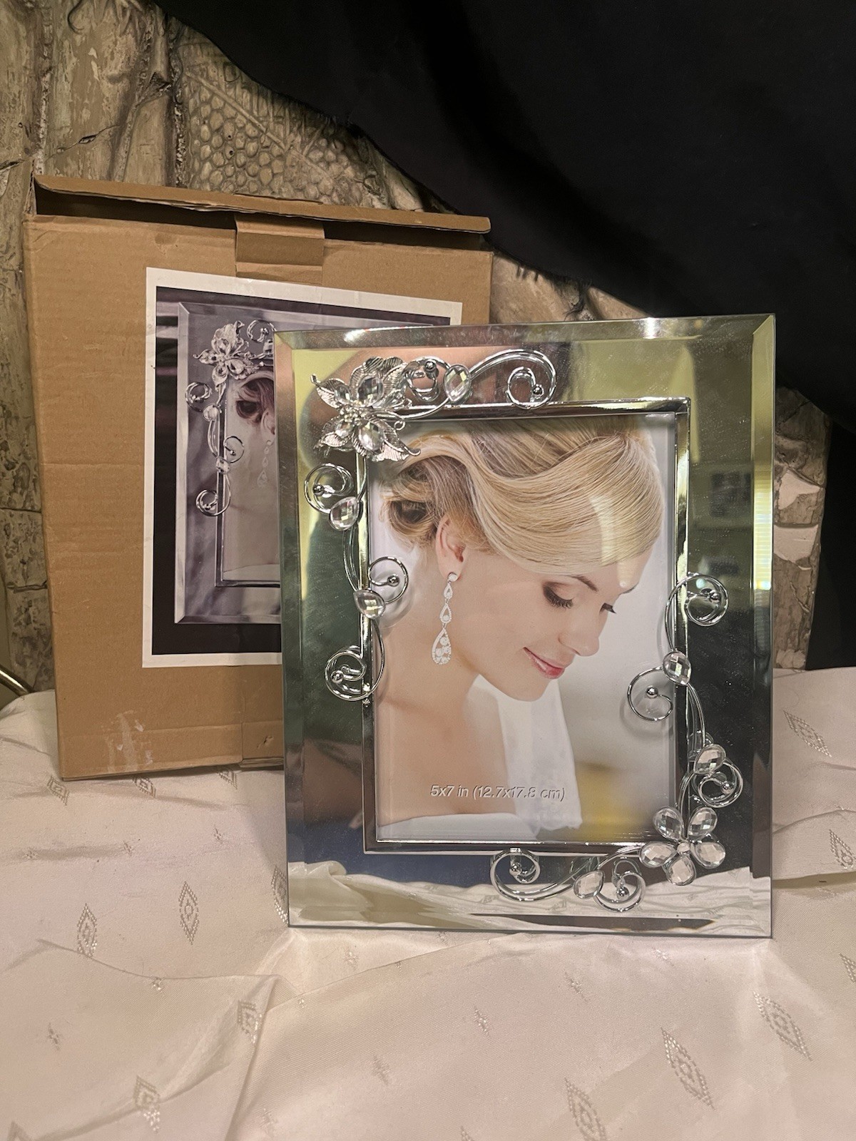 NOS Vintage 2000s Beveled Mirror Picture Frame Silver Crystal Floral Swirl 5x7”