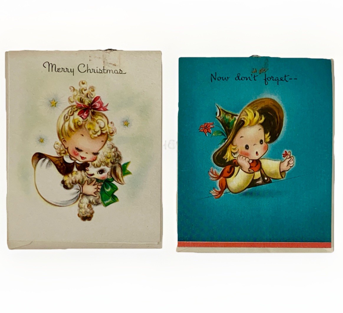 2 VTG 1946 Hallmark Christmas Card Boy & Girl Unused With 10 Cent Tag Clipped On