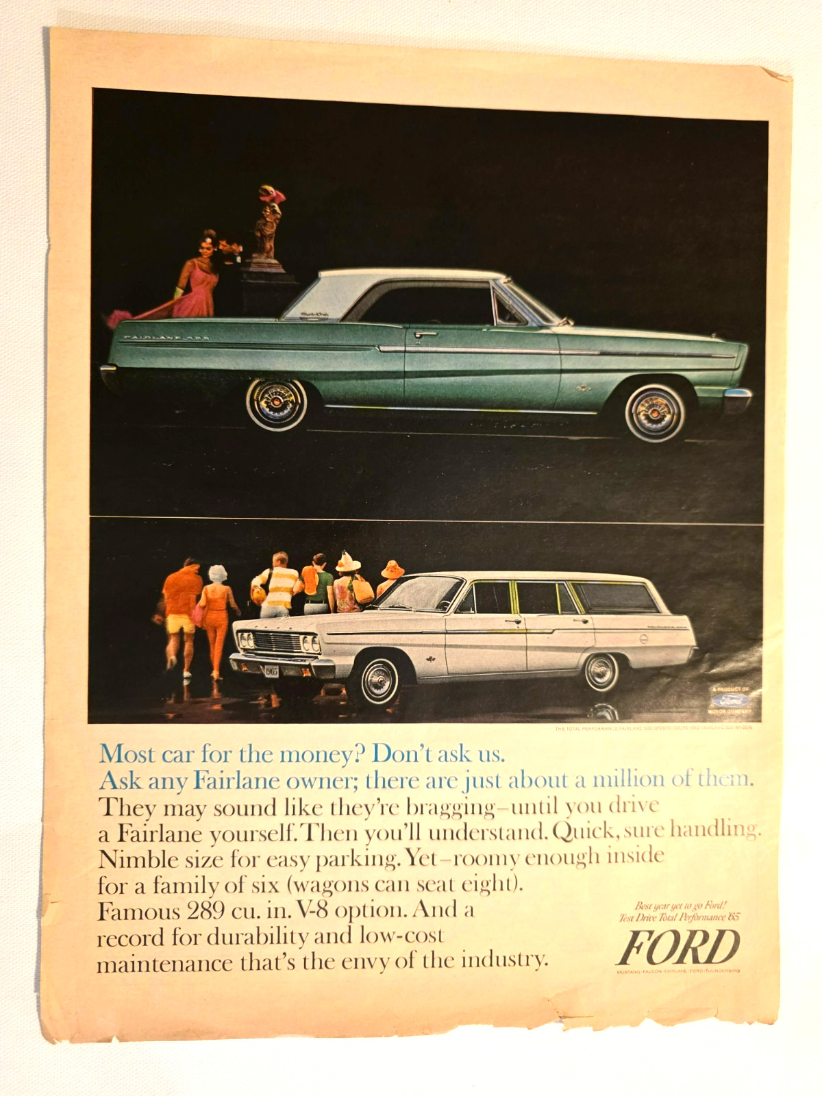 1965 Ford Fairlane 500 Coupe & Wagon 2-Sided Magazine Print Ad Mutual of Omaha