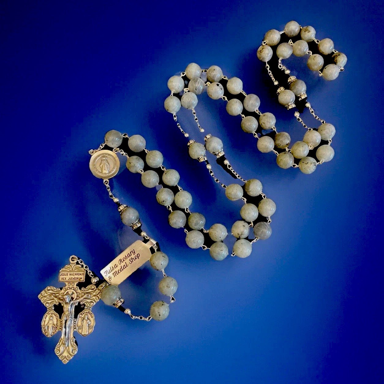 Semi Precious Gray Labradorite 10mm Stone 29” Rosary Pardon Crucifix Tag Semi Precious Gray Labradorite 10mm Stone 29” Rosary Pardon Crucifix Tag
