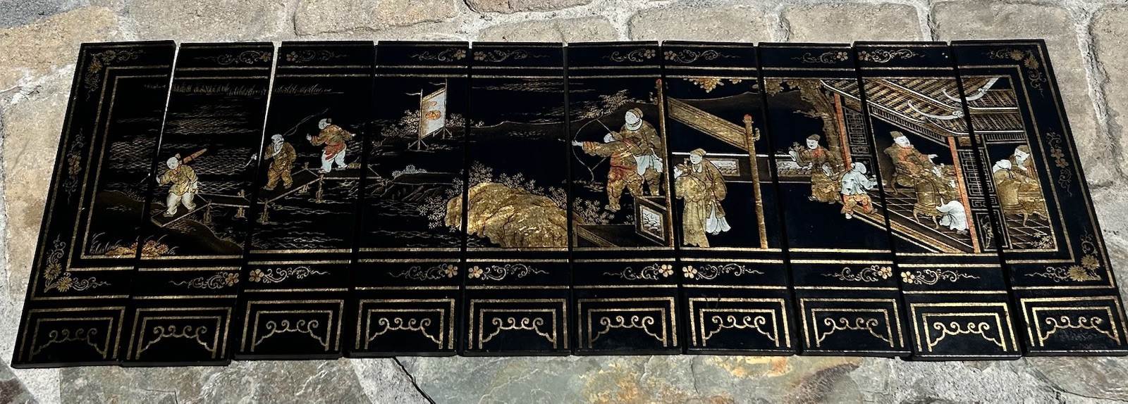 Vintage Black&Gold 10 Panel Chinese Scene 46”x16” Screen/Wall Hanging
